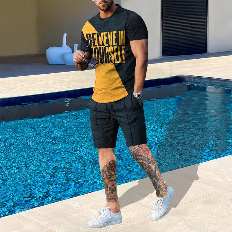 Plus Size Men's Summer Suit Round Neck Short Sleeved Shorts 3D Printed Loose Men's Casual Sports Set