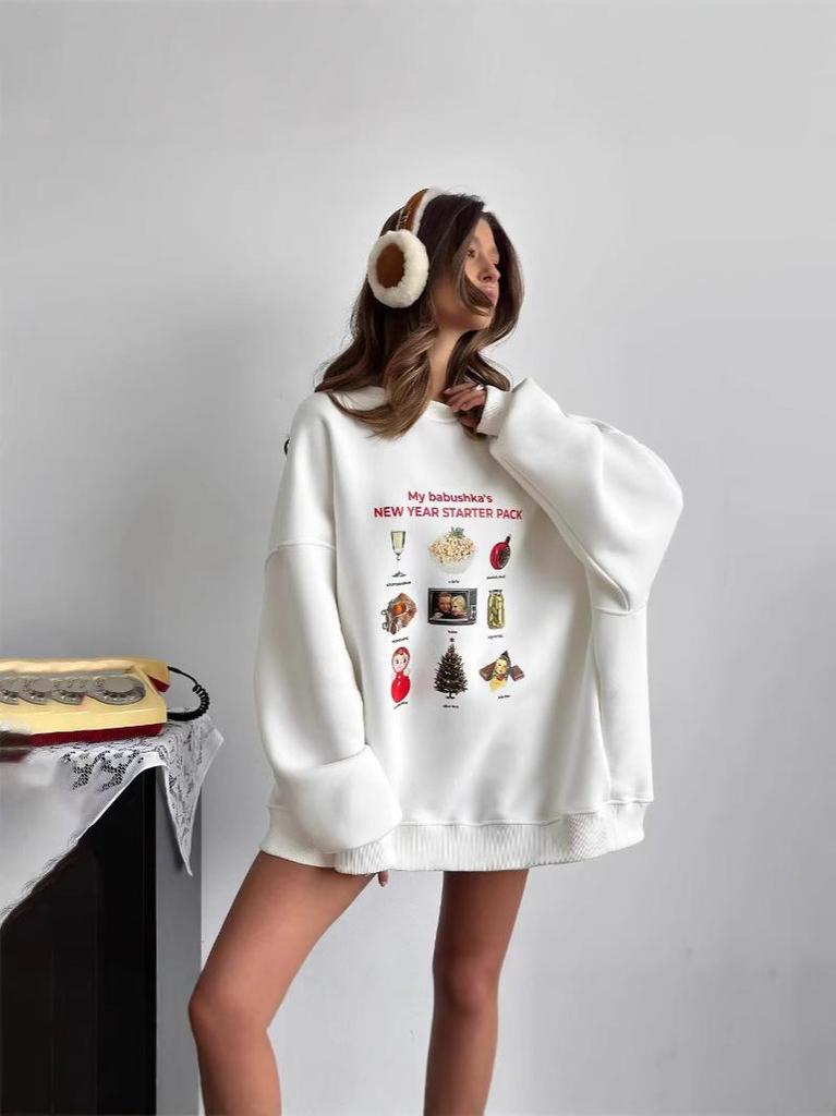 Cartoon Print Fleece-Lined Sweatshirt: Stylish Age-Reducing Hip-Hop Top for Autumn/Winter