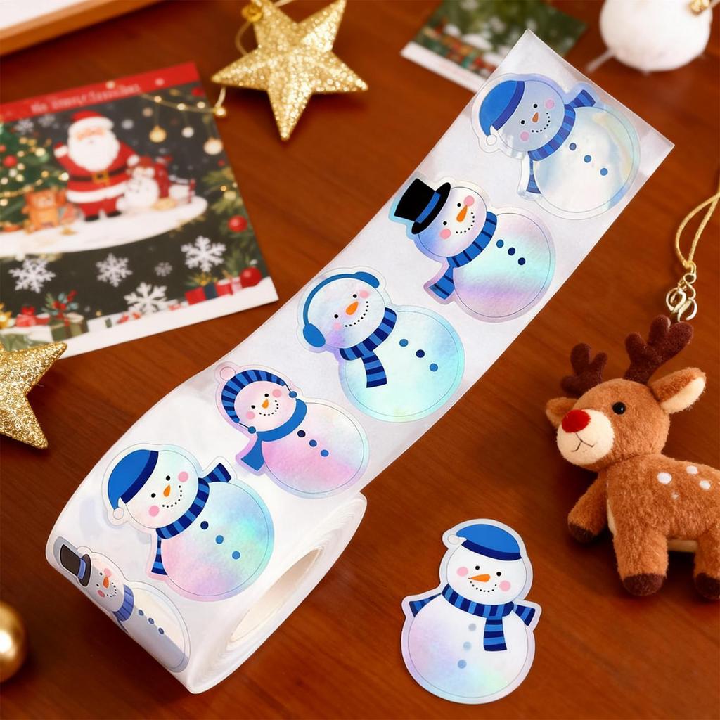 500 Stickers/roll Christmas Snowman Laser Waterproof Label Stickers, Holiday Gift Packaging Decorative Stickers