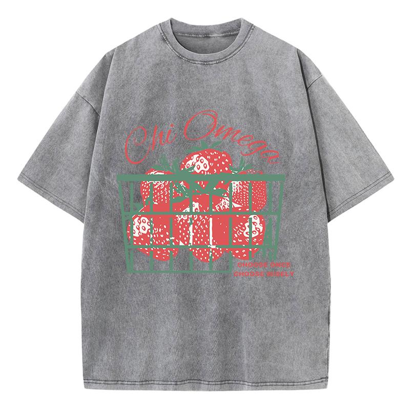 Strawberries Cotton Washed T-Shirt Womens Fresh Fruit Printing T Shirts O-Neck Oversized Acid Wash Tops Womans