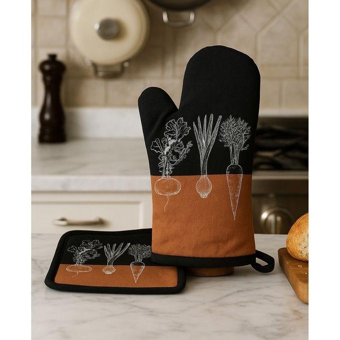 Gant et manique de cuisine - Legumes - 100% coton - Dimensions 20x20 cm - Certifié Oeko-Tex