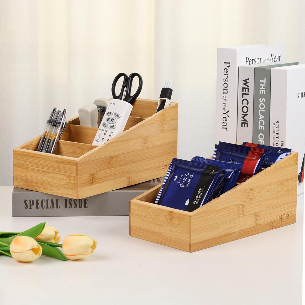 HTB Storage Case ML Set of 2 Storage Box 4 Dividers Removable Natural Bamboo Tabletop Storage Accessory Case Brush Holder Stationery, HTB-TSB2