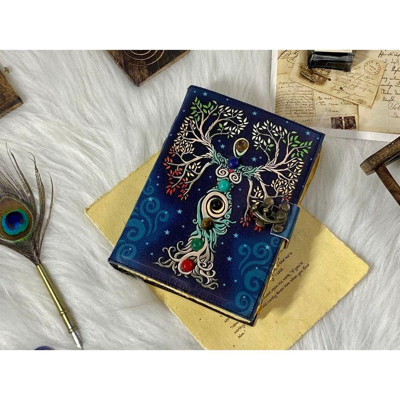 Mother of Earth Seven Stone Blank Spell Book of Shadows Handmade Grimoire Journal Junk Journal Tree of Life Journal Gifts for Christmas