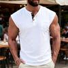 Herren Weißes ärmelloses Henley-Tanktop mit Knöpfen und Tasche