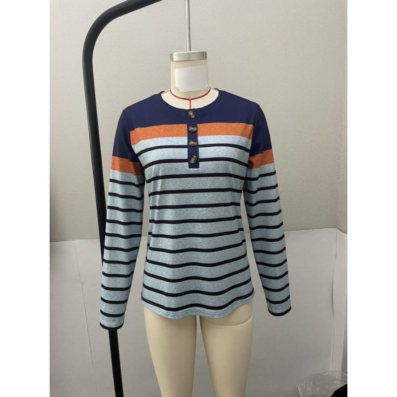 Women's Spring and Autumn New Fashion Versatile Striped Contrast Button Casual Long-sleeved T-shirt