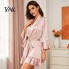 Comfortable Home Wear Women Silk Nightgown with Ruffle Hem, Sexy Long Sleeves V Loose Night Dress Neck Satin Nightshirt, Short Nightdress Sleepwear