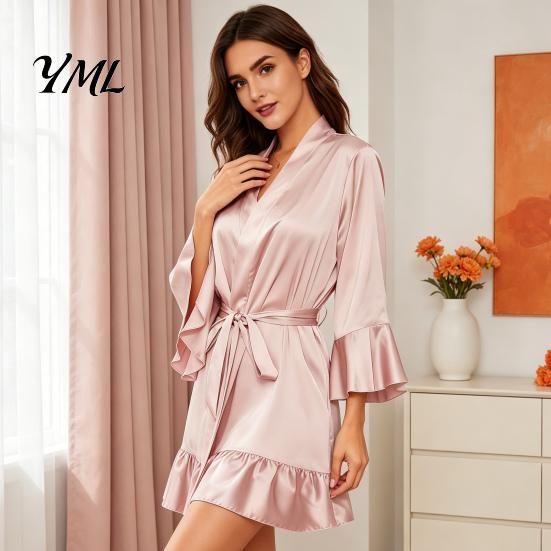 Comfortable Home Wear Women Silk Nightgown with Ruffle Hem, Sexy Long Sleeves V Loose Night Dress Neck Satin Nightshirt, Short Nightdress Sleepwear