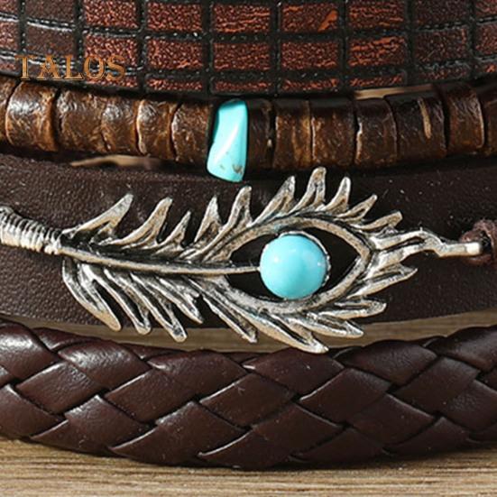 6-teiliges Set mit geflochtenen Armbändern in verschiedenen Formen, Holzperlen-Dekor, Pfauenfeder-Anhänger, Retro-Ethno-Stil, Kunsttürkis-Stein, Steinarmband, Handgelenk