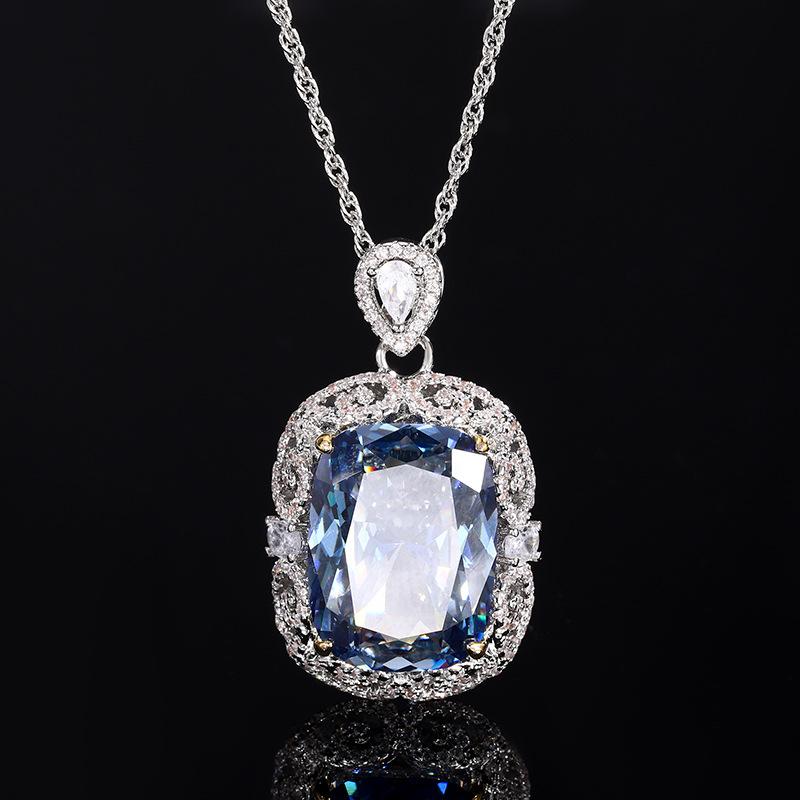 Jewelry Simulation Bird'S Nest Cut Sea Blue Treasure White Plated Blue Temperament Fat Square Set Main 15 * 20