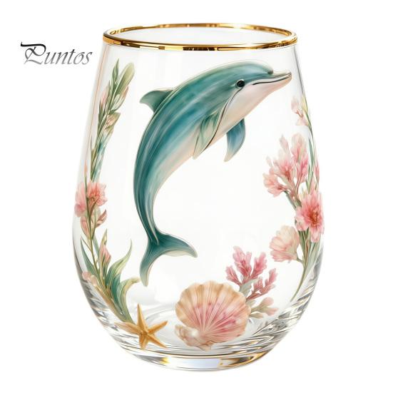 Retro Enamel Style Cup Hand Painted Glass Tumbler, Egg Shaped with Gold Rim, Clear Lead-Free Ocean Turtle Pattern Mug for Tea Coffee Wine Juice