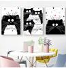Schattige Zwart-Witte Kat Cartoon Dieren Minimalistische Muurkunst Print Canvas Schilderij Posters voor Woonkamer Moderne Huisdecoratie