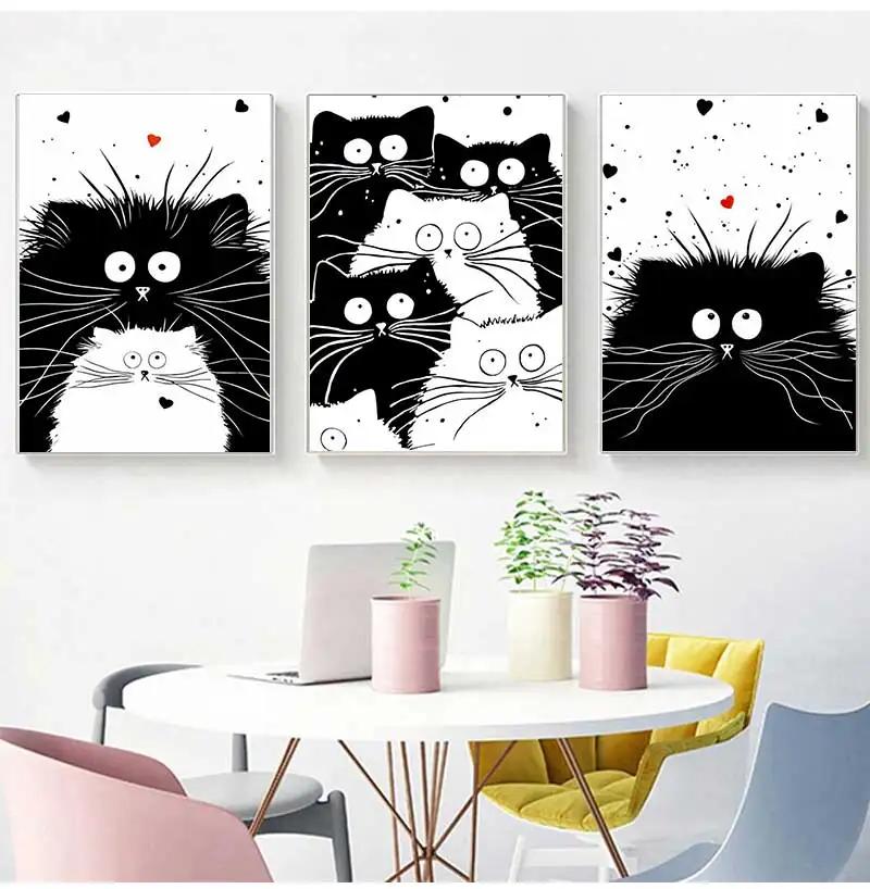 Schattige Zwart-Witte Kat Cartoon Dieren Minimalistische Muurkunst Print Canvas Schilderij Posters voor Woonkamer Moderne Huisdecoratie