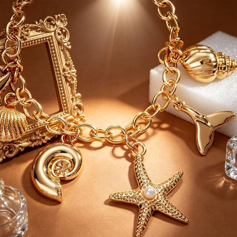 Shell Starfish Bracelet for Women Gold Tone Link Chain with Ocean Tail Detail, Adjustable Wrist Jewelry for Beach Vacation Outfits