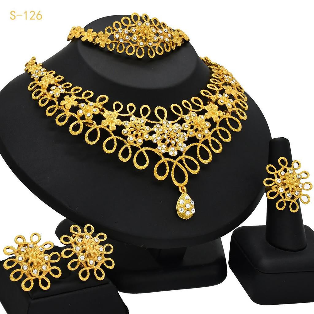 24K Gold-Plated Bridal Jewelry Set: Necklace & Earrings, Middle Eastern Wedding Style, Dubai Four-Piece Set