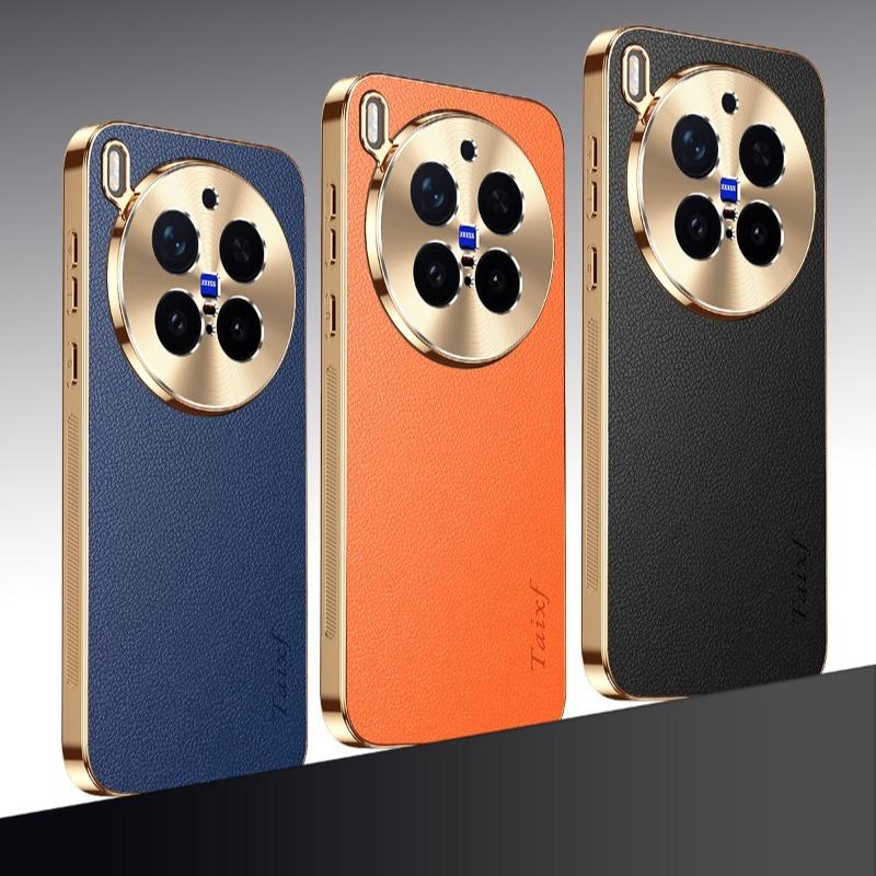 PU Leather Plating Shockproof Cover For Vivo X300 Pro Texture Lichee Pattern Lens Protection Case For Vivo X300 X300Pro Bumper