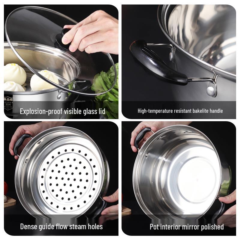 Thickened 304 Stainless Steel Soup & Milk Pot with Steamer for Induction & Gas Cookers
