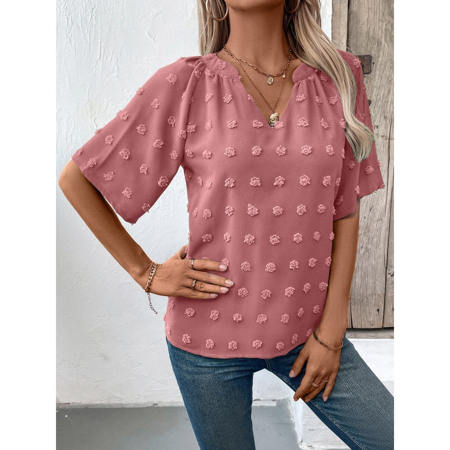 Women's Comfortable Loose Jacquard Blouses & Shirts V-neck Short Sleeved Top for Women