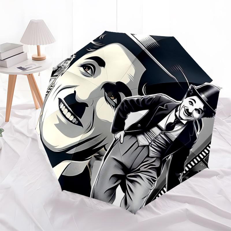 1 Stück Charlie Chaplin Filmstreifen Automatischer Faltregenschirm, Tragbares faltbares Design, Lässiges Outdoor-Accessoire L1127056