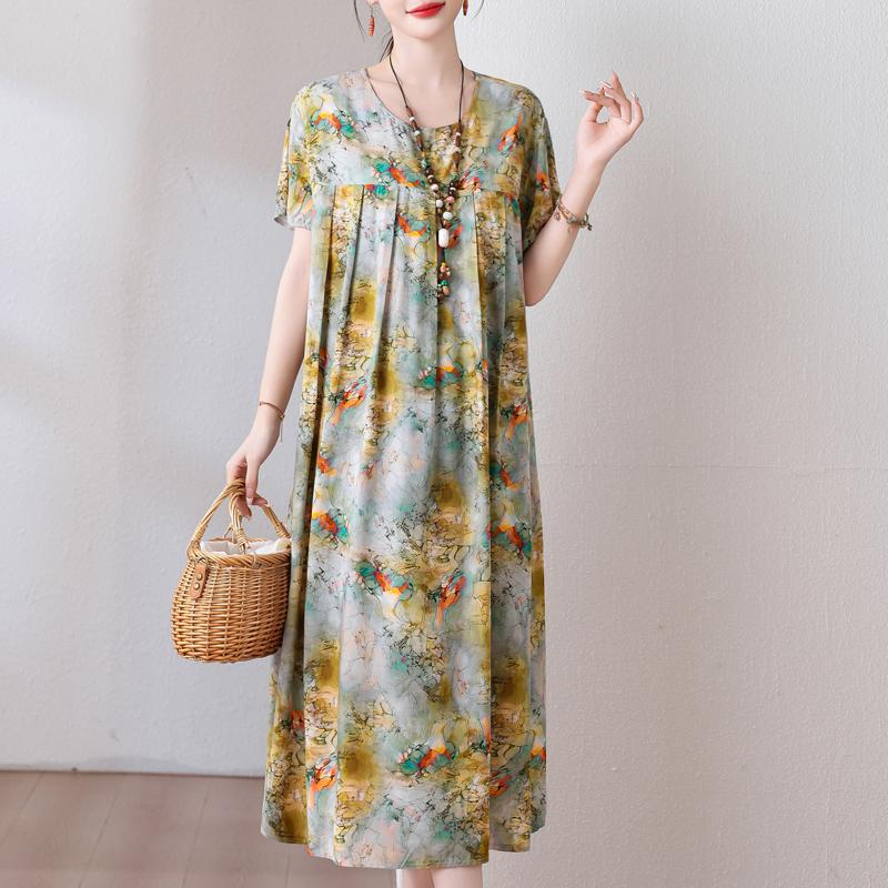 Plus Size Loose Vintage Print Langes Kleid für Damen Lässige Kurzarm-Sommer-Damenkleider