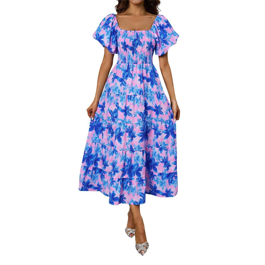 Women's Fashionable Square Neck Floral Print Bubble Short Sleeved Dress With Temperament