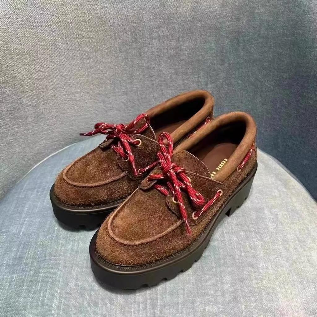 Cowhide version~ miu's retro platform heightening loafers women's genuine leather single shoes British style lace-up brown small leather shoes