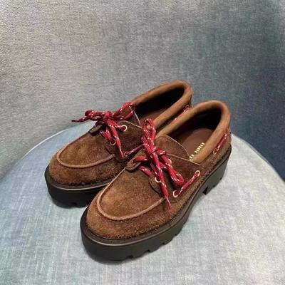 Miu's Retro Loafers, Genuine Leather Single Shoes, Thick-soled Heightening British Style Lace-up Small Leather Shoes