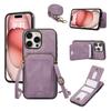 For iPhone 16 Pro Case Card Holder Kickstand Leather+TPU Phone Cover with Shoulder Strap