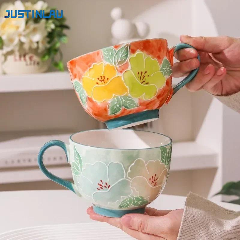 Keramik Haushalts Relief Blume Teetasse Frühstück Milch Haferflocken Tassen Büro Handgezeichnete Kunst Trinkwasserbecher Kaffeetasse