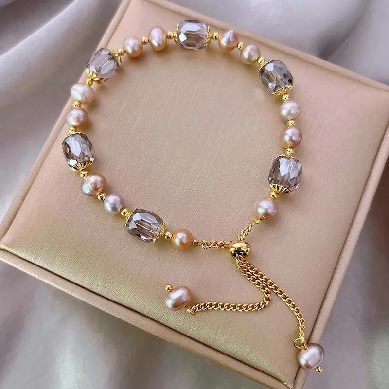Vintage Purple Imitation Pearl Bracelet for Women Girls Fashion Design Crystal Adjustable Chain Jewelry Gifts