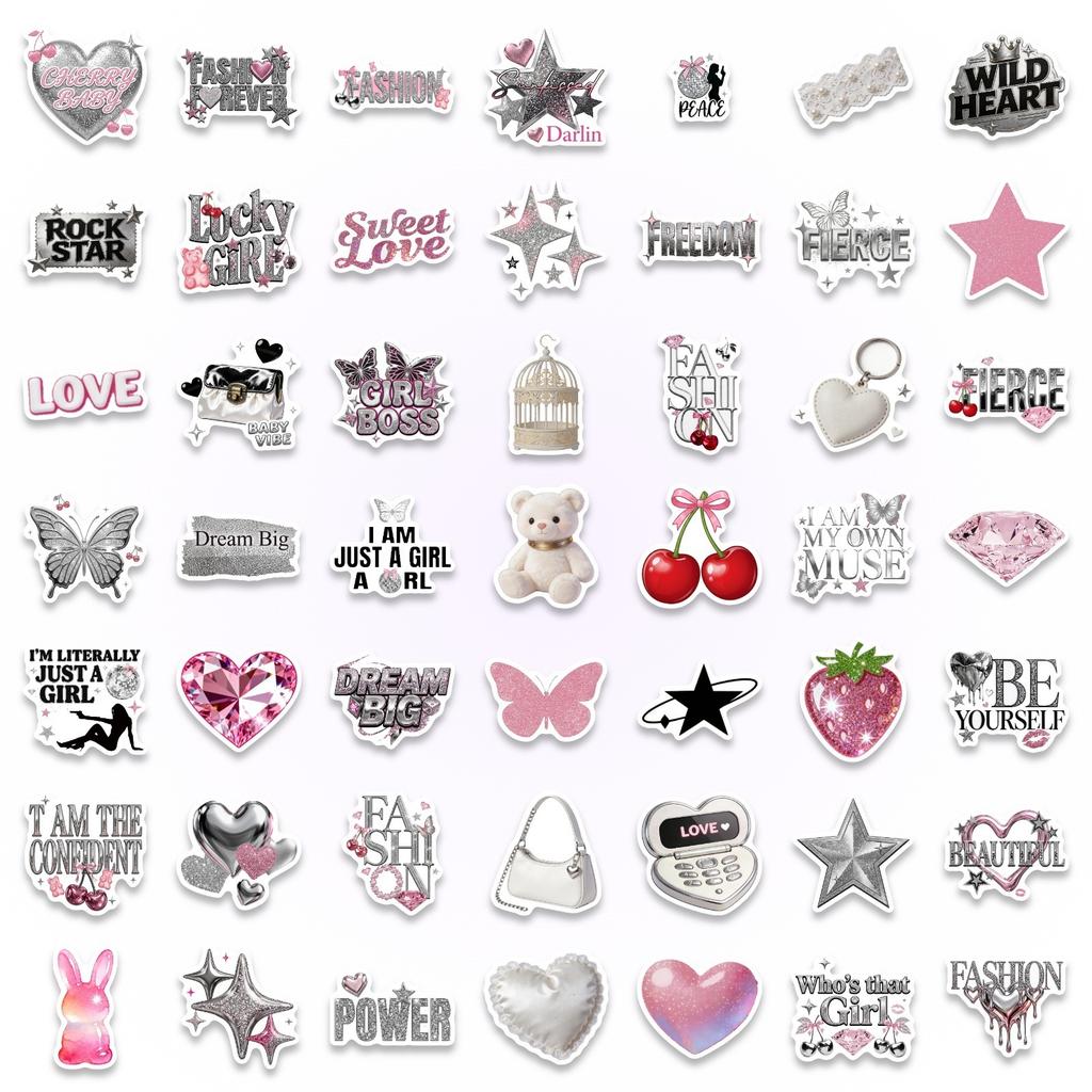 50 Sweet Cool Pink Silver Wind Girl Stickers Y2K Spice Girls Waterproof Decorative Stickers Fashion Exquisite Stickers
