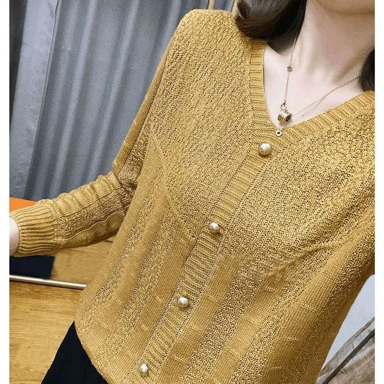 Women Spring Autumn Chic Hollow V Neck Knitted Sweater Simple Long Sleeve Solid Pullover Tops