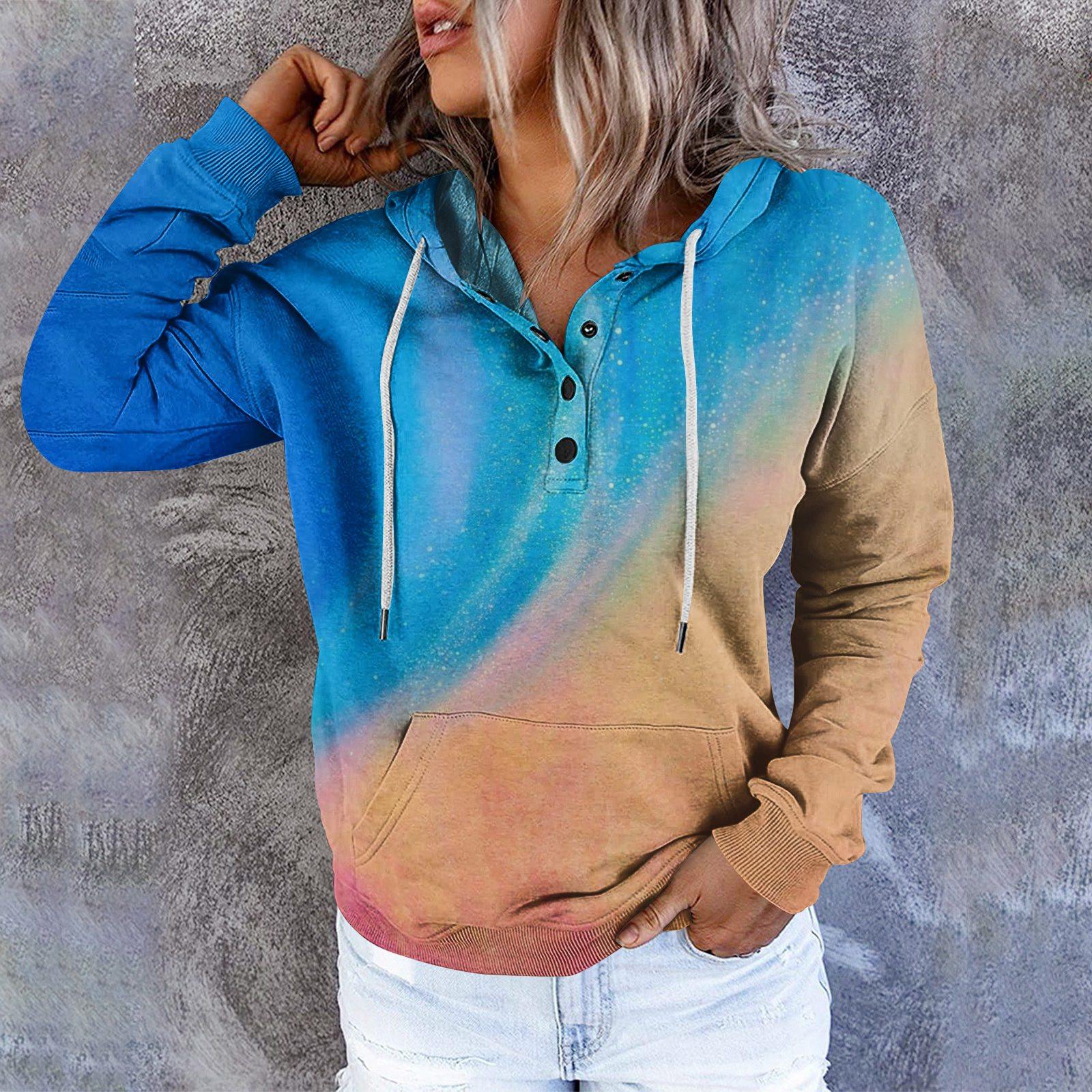 

Женские повседневные модные винтажные пуловеры с длинными рукавами и пуговицами с принтом, толстовки с капюшоном L синий