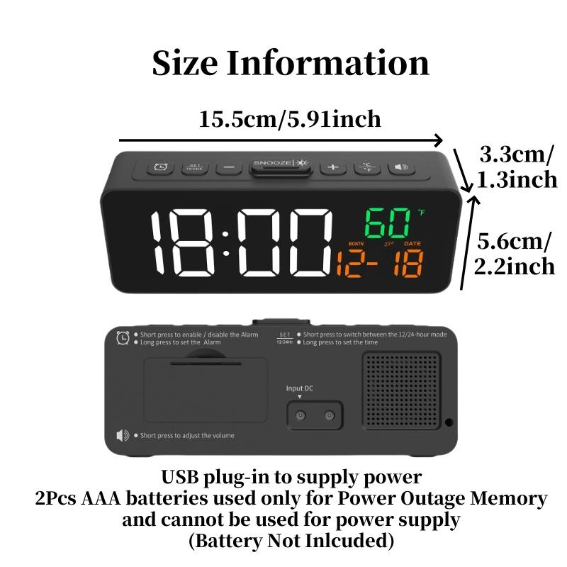 USB Powered Digital Alarm Clock TEMP Date Display 5 Levels Brightness Snooze Table Clock 3 Levels Alarm Volume 12/24H LED Clock