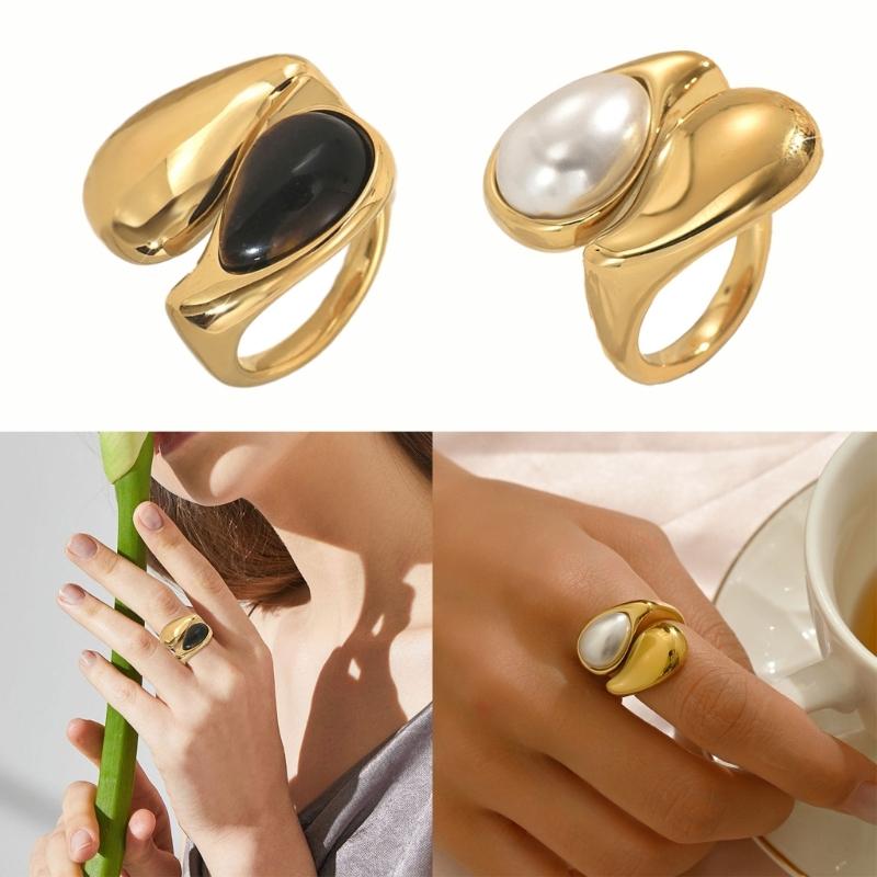 Simple Adjustable Opening Rings Fashion Geometric Pearls Rings Copper Texture Suitable for Wedding and Parties Wear