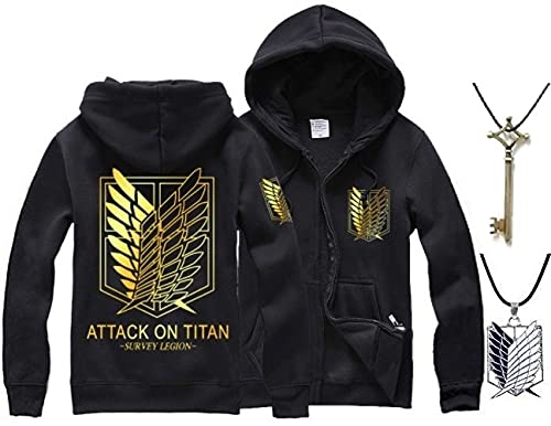 

Attack on Titan Wings of Freedom Cosplay Costume (XL, Black and Gold Wings) - 3-Piece Set: Hoodie, Basement Key, and Necklace