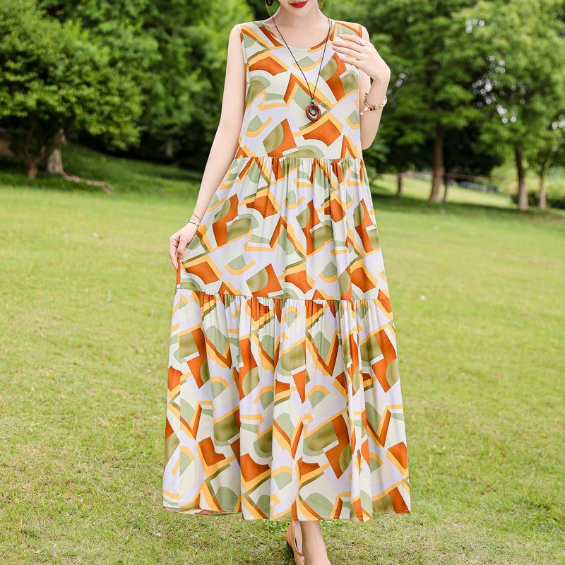 Elegant Sleeveless Dress for Women Plus Size Loose Vintage Print Long Dress Summer Middle-aged Women's Clothing