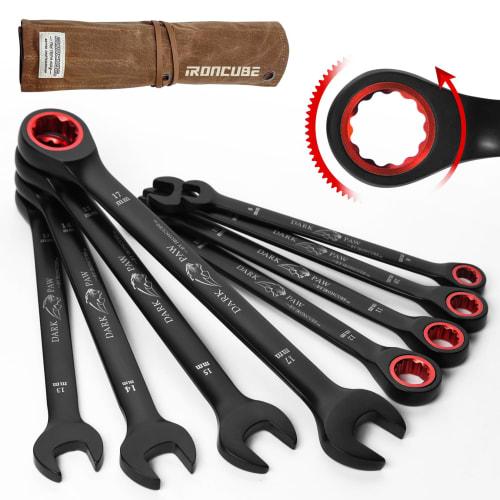 

Ratchet Wrench Set - 8-Piece 8-17mm Black Dual-Use Wrench Set - CR-V 72-Tooth Ratchet - Includes Waterproof Wax Cloth Storage Bag