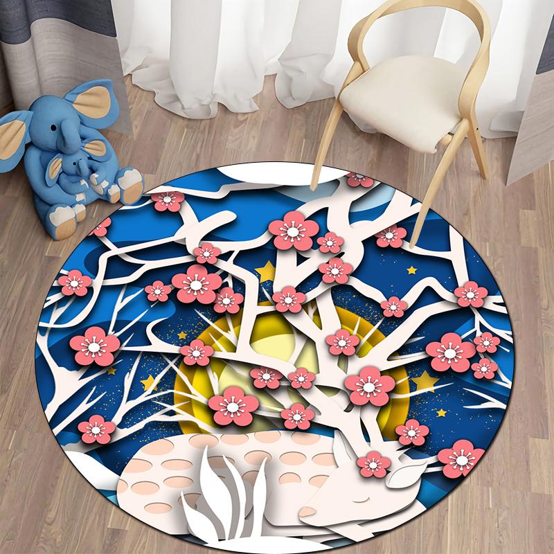 Floor Mat Living Room Rug Children's Crawling Play Area Mat Anime Carpet Door Mat Forest Fawn Round Rug