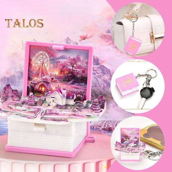 Mini-Schlüsselanhänger mit 3D-Klappbuch, knallende Miniaturwelt, hängende Dekoration, kleines Café, Große Mauer, Schloss, faltbares Buch, Schlüsselanhänger