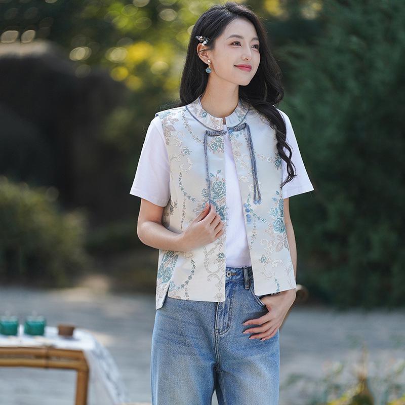 

Chinese Retro Frog Button Embroidered Jacquard Brocade Vest Cardigan M