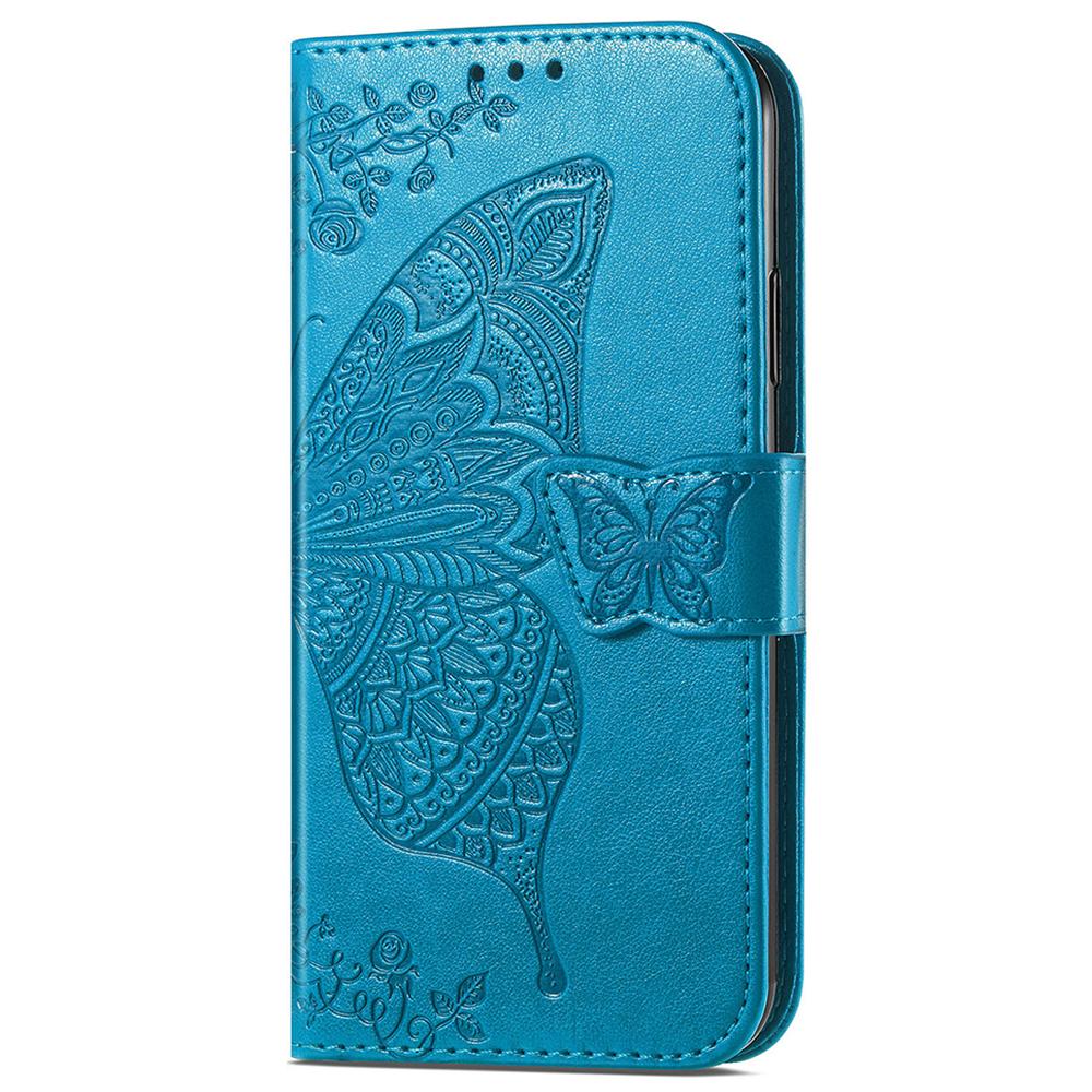 

For Realme 9i/Oppo A96/A36 Drop-proof Imprinting Butterfly Flower Cover Adjustable Stand Wallet PU Leather Mobile Phone Case Blue