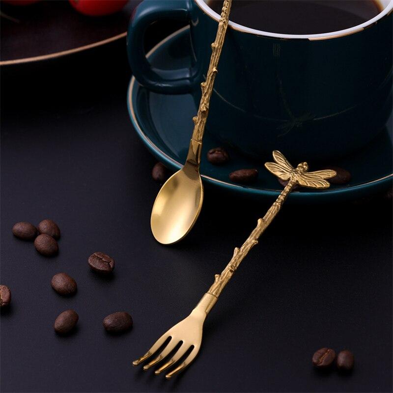 6pcs Stainless Steel Vintage Forest Style Coffee Spoon Dessert Spoon Dragonfly Branch Spoon Gift Craft Ice Cream Fork Spoon Set