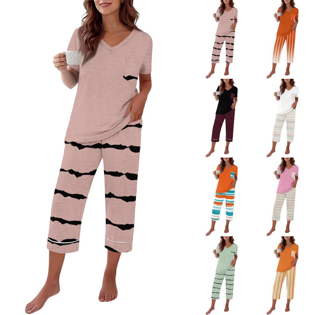 Women's Casual Printed Round Neck Loose Fit Short Sleeve Tee and Loungewear Set