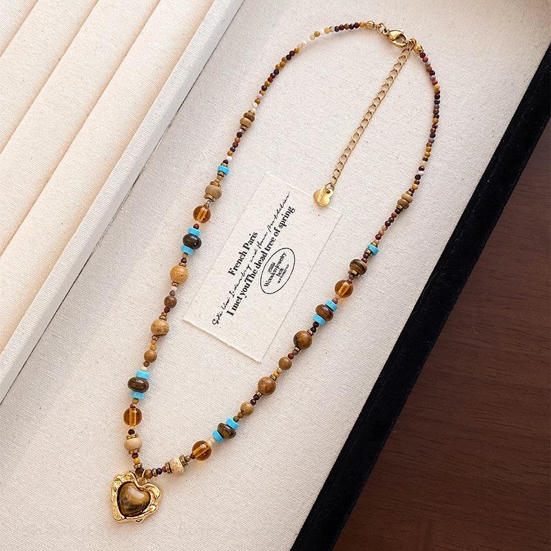 18K Gold Stainless Steel Chokers Boho Mix Color Natural Stone Tiger Eyes Beads Irregular Heart Pendant Necklaces for Women