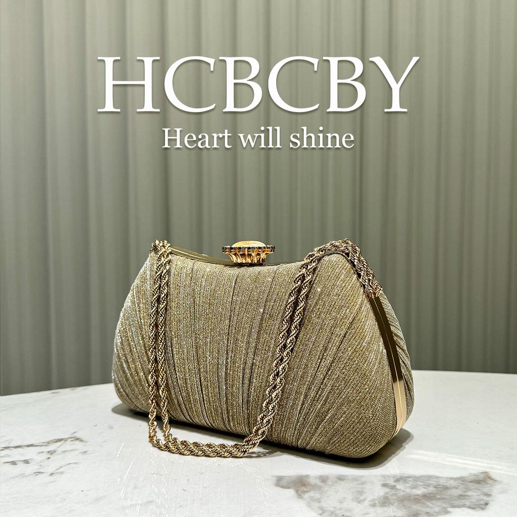 Gold Glitter Pleated Chain Decorative Handbag Evening Bag, Women's Fashion Temperament Elegant Clutch Bag Dinner Bag