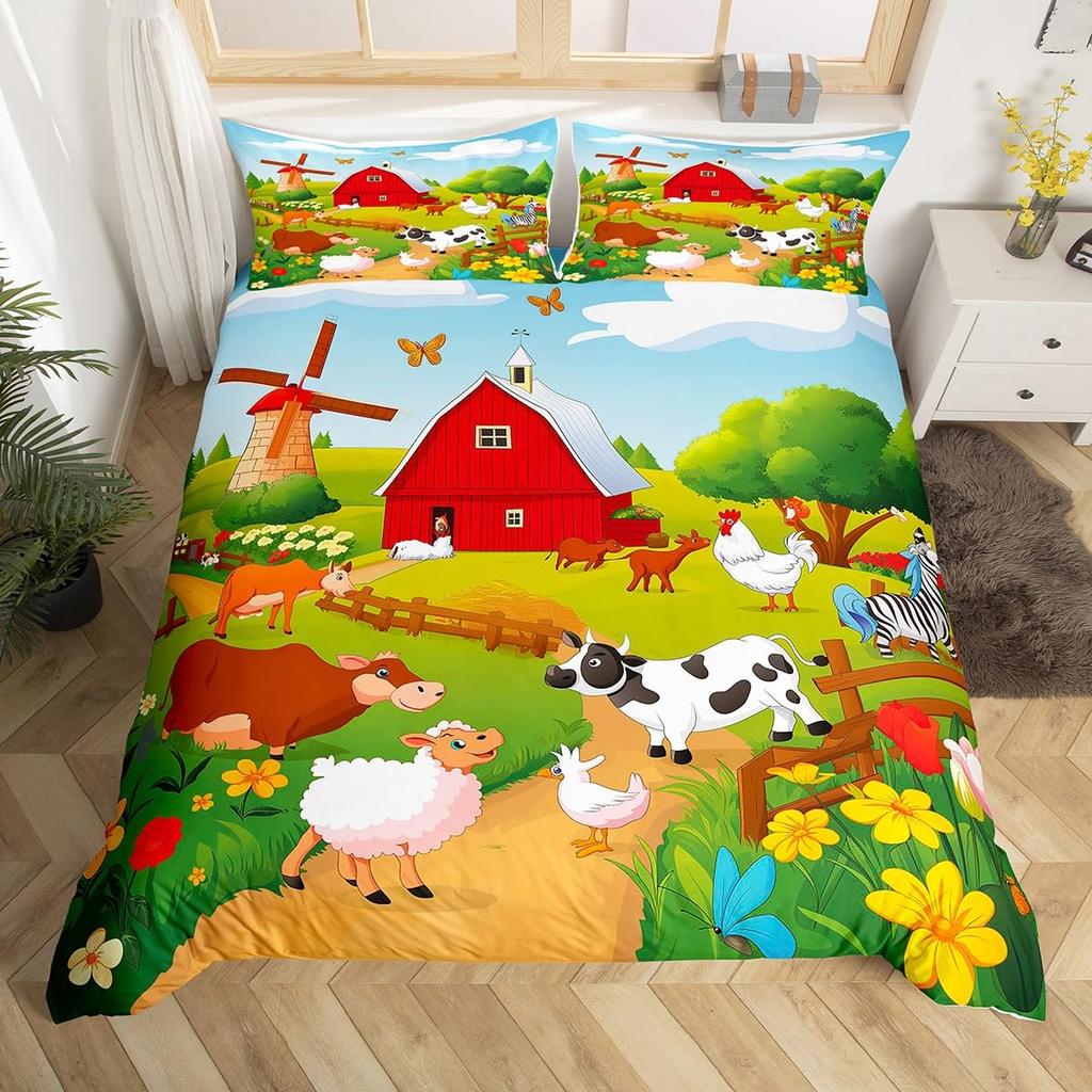 Comforter Cute Cartoon Farm Animal Truck Tractor Bedding Set Farmhouse Country Cozy Comforter For Boys Teen Room Decor