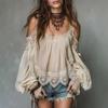 Women's French Style Shirt Off Shoulder Lace Trim Lantern Sleeve Vintage Sexy Sweet Blouse Top Hollow Out Casual Lace Blouse Tops