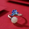 Women's Retro Silver Cloisonné Enamel Open Ring with Blue-Fired Lotus