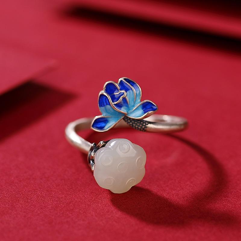 Women's Retro Silver Cloisonné Enamel Open Ring with Blue-Fired Lotus