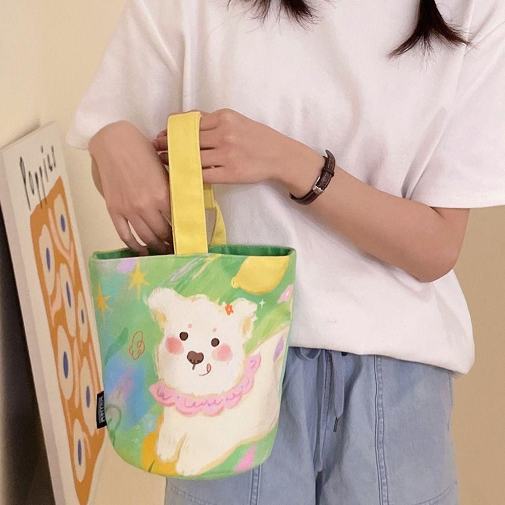 Dog Cartoon Canvas Bucket Bag Cat Dog Lunch Bag Reusable Rabbit Handbag Travel